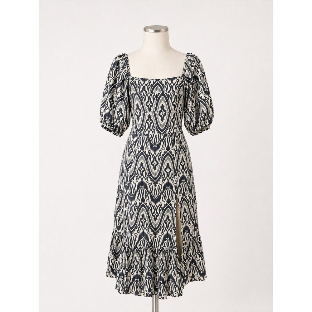 Bagatelle Ikat Linen Blend Midi Dress Smocked Puff Sleeve Slit Blue Beige 10 NEW